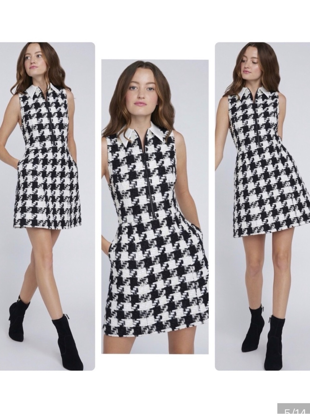 ALICE & OLIVIA Ellis Houndstooth A-Line Dress. Collar, pockets, zippers, lined. - Picture 7 of 11